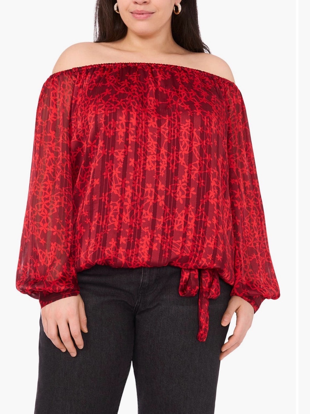 Vince Camuto Off-Shoulder Red Floral Metallic Tie-Hem Blouse Size 2X NWT